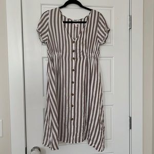 Maternity Dress- classic style brown and white striped with button detail